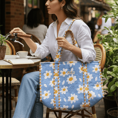100% Cotton Hand Block Printed Tote Bag 16x14 Inches | Reusable Should – Tote Bag on Brown Living™. SKU: 14X16WHITEBLOCK. Img 8.