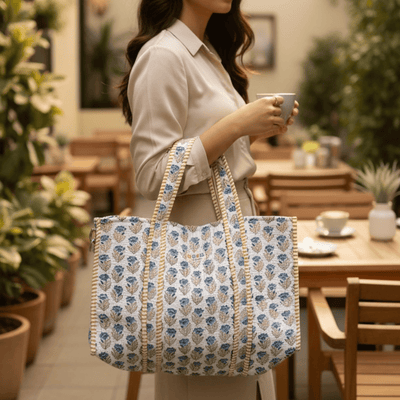 100% Cotton Hand Block Printed Tote Bag 16x14 Inches | Reusable Should – Tote Bag on Brown Living™. SKU: 14X16WHITEBLOCK. Img 2.