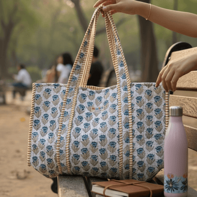 100% Cotton Hand Block Printed Tote Bag 16x14 Inches | Reusable Should – Tote Bag on Brown Living™. SKU: 14X16WHITEBLOCK. Img 6.