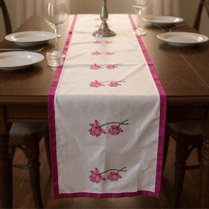 100% Cotton Handblocked Lotus 6 Seater Dining Table Runner – Table Linens on Brown Living™. SKU: RUNNERONLY - LOTUS - 6FEET. Img 3.