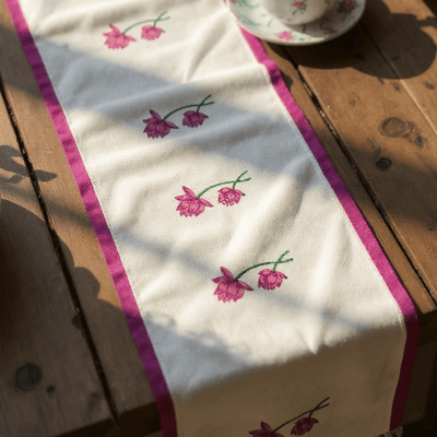 100% Cotton Handblocked Lotus 6 Seater Dining Table Runner – Table Linens on Brown Living™. SKU: RUNNERONLY - LOTUS - 6FEET. Img 1.