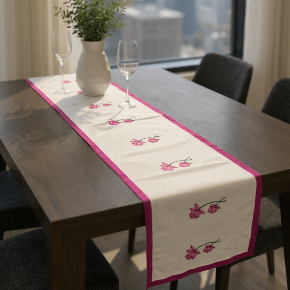100% Cotton Handblocked Lotus 6 Seater Dining Table Runner – Table Linens on Brown Living™. SKU: RUNNERONLY - LOTUS - 6FEET. Img 5.
