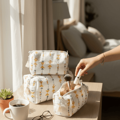 100% Cotton Quilted Travel Makeup Bag Set – Waterproof Thick Lining – Travel Organiser on Brown Living™. SKU: 3POUCH-ARROWWHITE. Img 17.