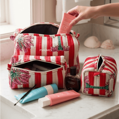 100% Cotton Quilted Travel Makeup Bag Set – Waterproof Thick Lining – Travel Organiser on Brown Living™. SKU: 3POUCH-CHEETAHWHITE. Img 5.