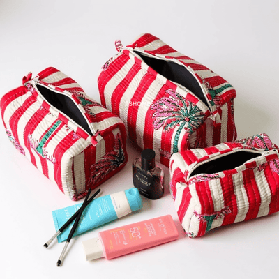 3PC 100% Cotton Quilted Travel Makeup Bag Set– Waterproof Thick Lining by Playful stitches – Brown Living™
