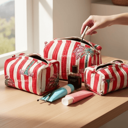 100% Cotton Quilted Travel Makeup Bag Set – Waterproof Thick Lining – Travel Organiser on Brown Living™. SKU: 3POUCH-CHEETAHWHITE. Img 7.