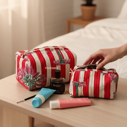 100% Cotton Quilted Travel Makeup Bag Set – Waterproof Thick Lining – Travel Organiser on Brown Living™. SKU: 3POUCH-CHEETAHWHITE. Img 6.