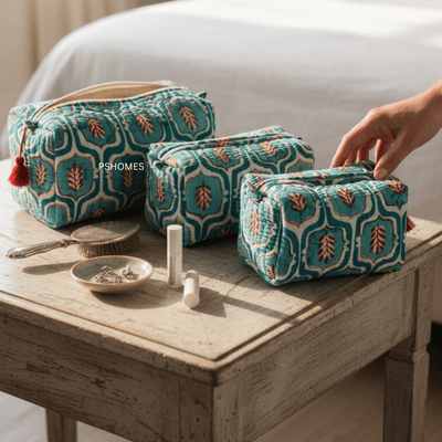 100% Cotton Quilted Travel Makeup Bag Set – Waterproof Thick Lining – Travel Organiser on Brown Living™. SKU: 3POUCH-HERITAGEGREEN. Img 12.