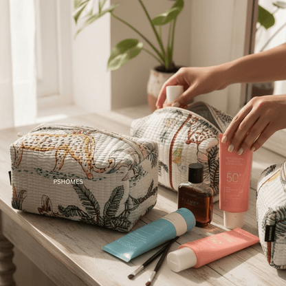 100% Cotton Quilted Travel Makeup Bag Set – Waterproof Thick Lining – Travel Organiser on Brown Living™. SKU: 3POUCH-HERITAGEGREEN. Img 14.