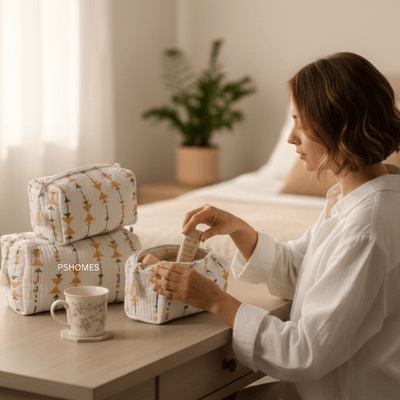 100% Cotton Quilted Travel Makeup Bag Set – Waterproof Thick Lining – Travel Organiser on Brown Living™. SKU: 3POUCH-HERITAGEGREEN. Img 13.