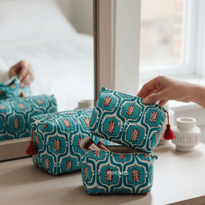 100% Cotton Quilted Travel Makeup Bag Set – Waterproof Thick Lining – Travel Organiser on Brown Living™. SKU: 3POUCH-HERITAGEGREEN. Img 11.