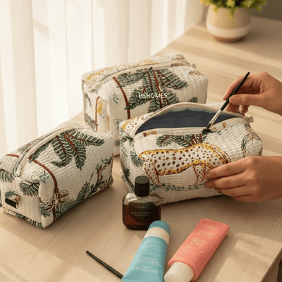 100% Cotton Quilted Travel Makeup Bag Set – Waterproof Thick Lining – Travel Organiser on Brown Living™. SKU: 3POUCH-HERITAGEGREEN. Img 1.