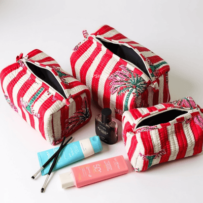 100% Cotton Quilted Travel Makeup Bag Set – Waterproof Thick Lining – Travel Organiser on Brown Living™. SKU: 3POUCH-REDSTRIPESPALM. Img 8.
