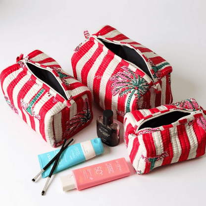 100% Cotton Quilted Travel Makeup Bag Set – Waterproof Thick Lining – Travel Organiser on Brown Living™. SKU: 3POUCH-REDSTRIPESPALM. Img 8.