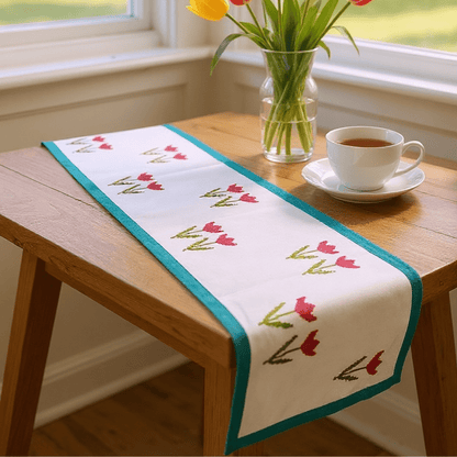 100% Handblocked Tulip Cotton Table Runner for 6 Seater Dining – Table Linens on Brown Living™. SKU: RUNNERONLY - TULIPS - 6FEET. Img 2.