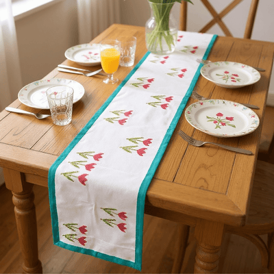 100% Handblocked Tulip Cotton Table Runner for 6 Seater Dining – Table Linens on Brown Living™. SKU: RUNNERONLY - TULIPS - 6FEET. Img 3.