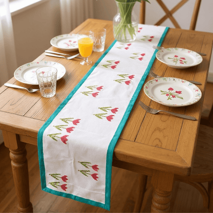 100% Handblocked Tulip Cotton Table Runner for 6 Seater Dining – Table Linens on Brown Living™. SKU: RUNNERONLY - TULIPS - 6FEET. Img 3.