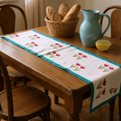 100% Handblocked Tulip Cotton Table Runner for 6 Seater Dining – Table Linens on Brown Living™. SKU: RUNNERONLY - TULIPS - 6FEET. Img 4.