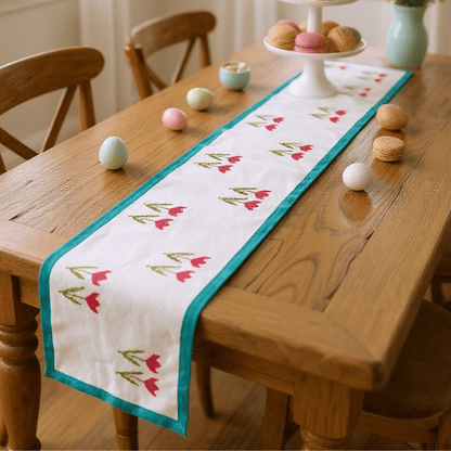 100% Handblocked Tulip Cotton Table Runner for 6 Seater Dining – Table Linens on Brown Living™. SKU: RUNNERONLY - TULIPS - 6FEET. Img 1.