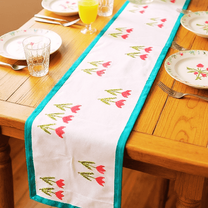 100% Handblocked Tulip Cotton Table Runner for 6 Seater Dining – Table Linens on Brown Living™. SKU: RUNNERONLY-TULIPS-6FEET. Img 5.