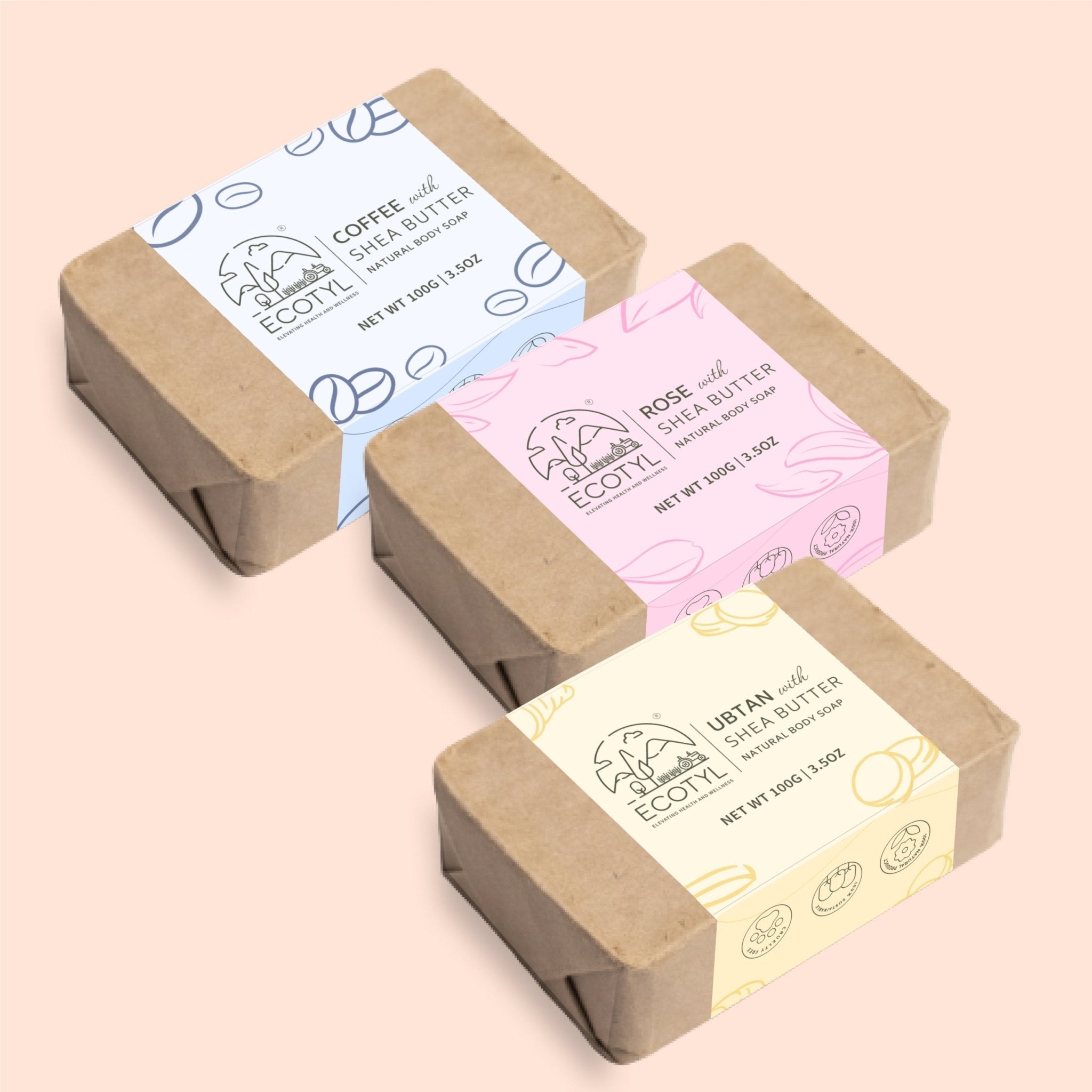 100% Natural Shea Butter Soaps Ubtan, Rose & Coffee Set of 3 – Body Soap on Brown Living™. SKU: ECOTYL00020. Img 1.