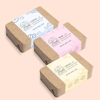 100% Natural Shea Butter Soaps Ubtan, Rose & Coffee Set of 3 – Body Soap on Brown Living™. SKU: ECOTYL00020. Img 1.
