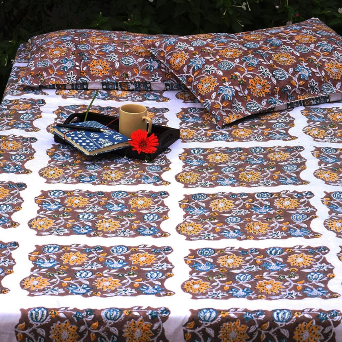 Organic Cotton Brown Timeless Floral Bedsheet Set With 2 Pillow Cases