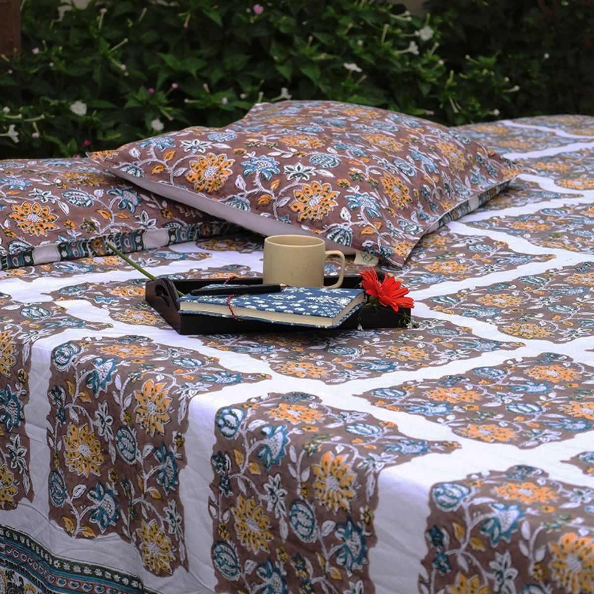 Organic Cotton Brown Timeless Floral Bedsheet Set With 2 Pillow Cases