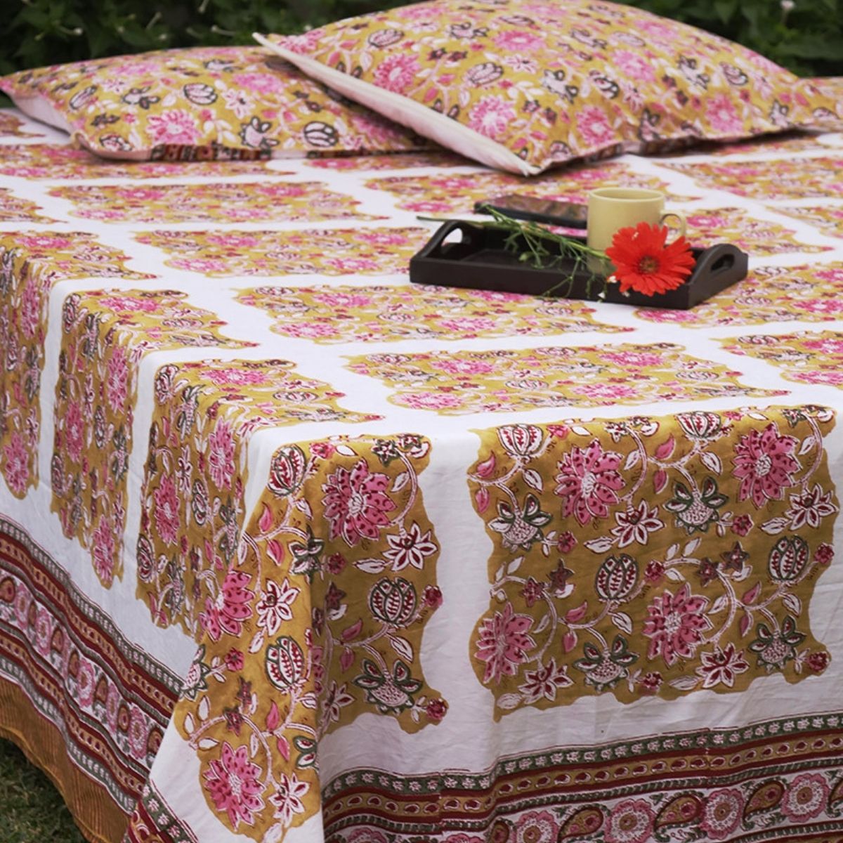 Organic Cotton Yellow Ochre Charming Bedsheet Set With 2 Pillow Cases