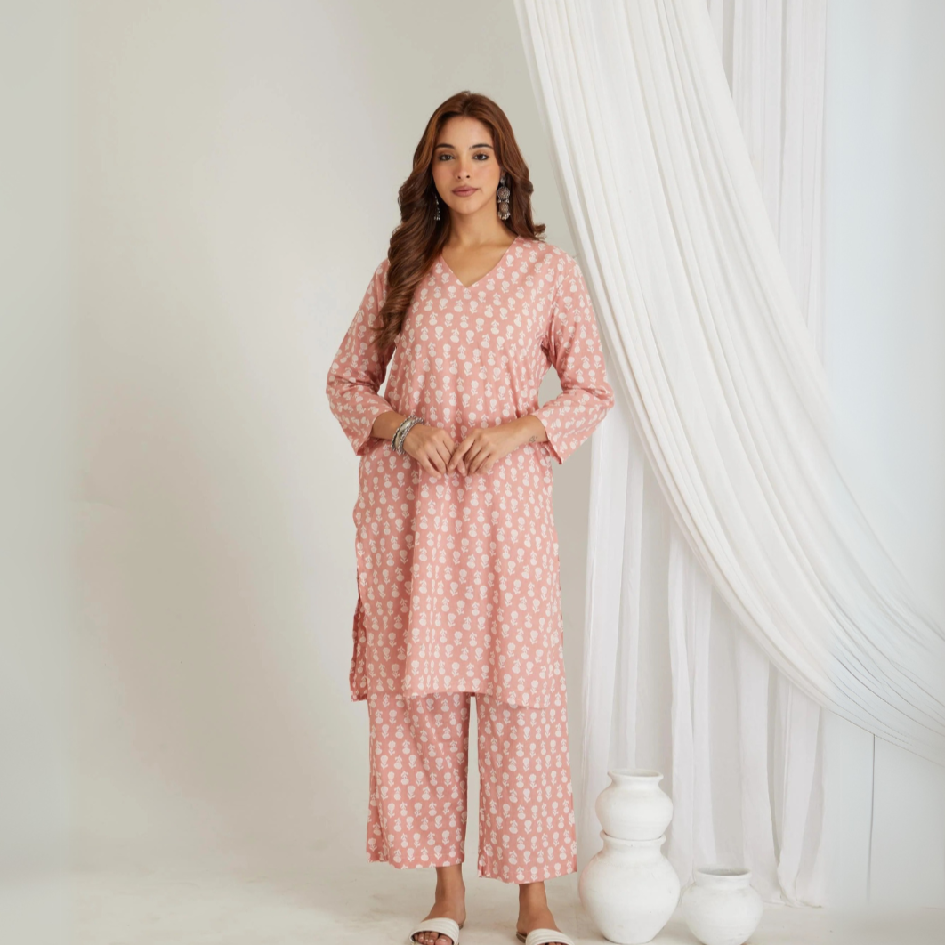 Peach Cotton Butta Printed Kurta & Pant Co-Ord Set – Loungewear