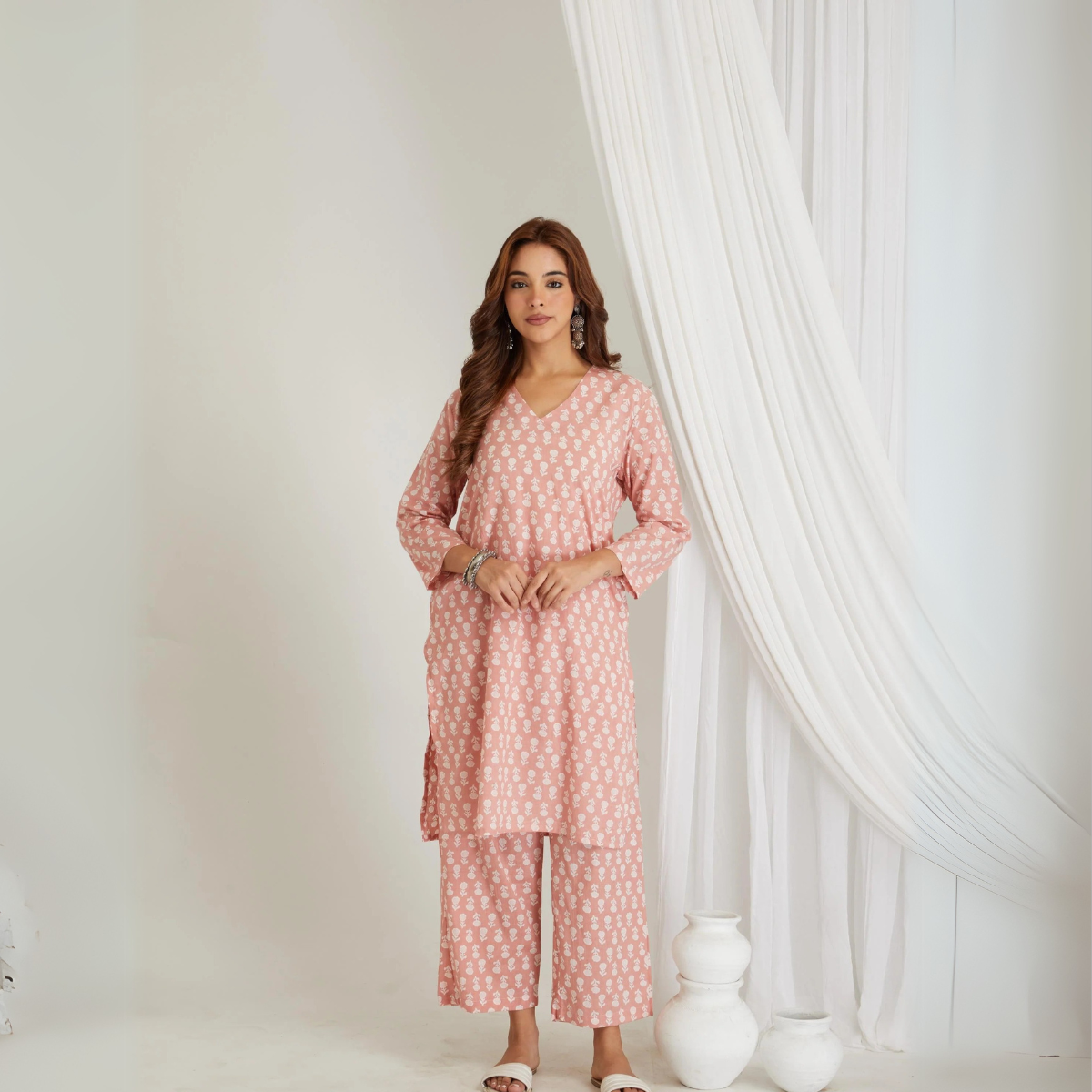 Peach Cotton Butta Printed Kurta & Pant Co-Ord Set – Loungewear