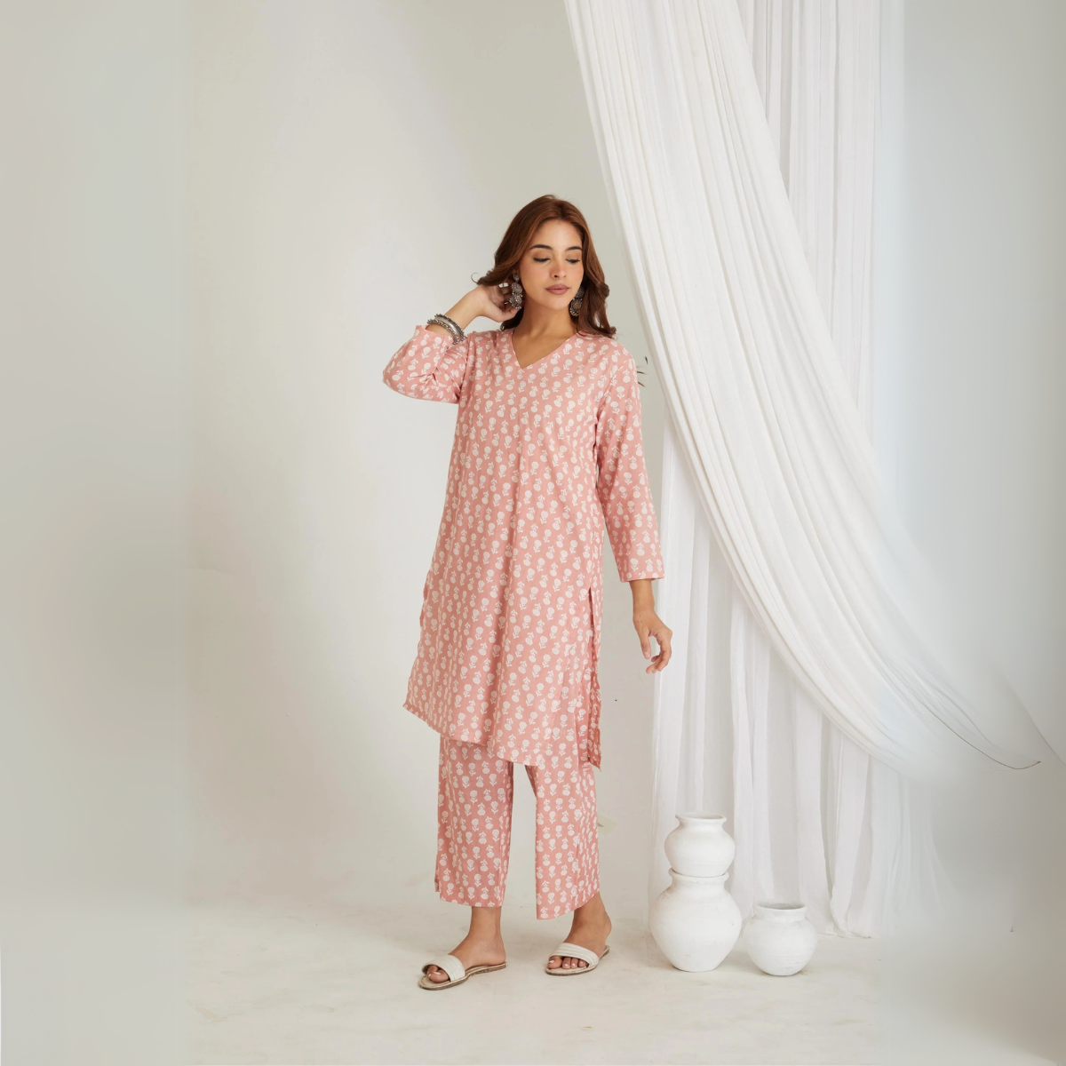 Peach Cotton Butta Printed Kurta & Pant Co-Ord Set – Loungewear