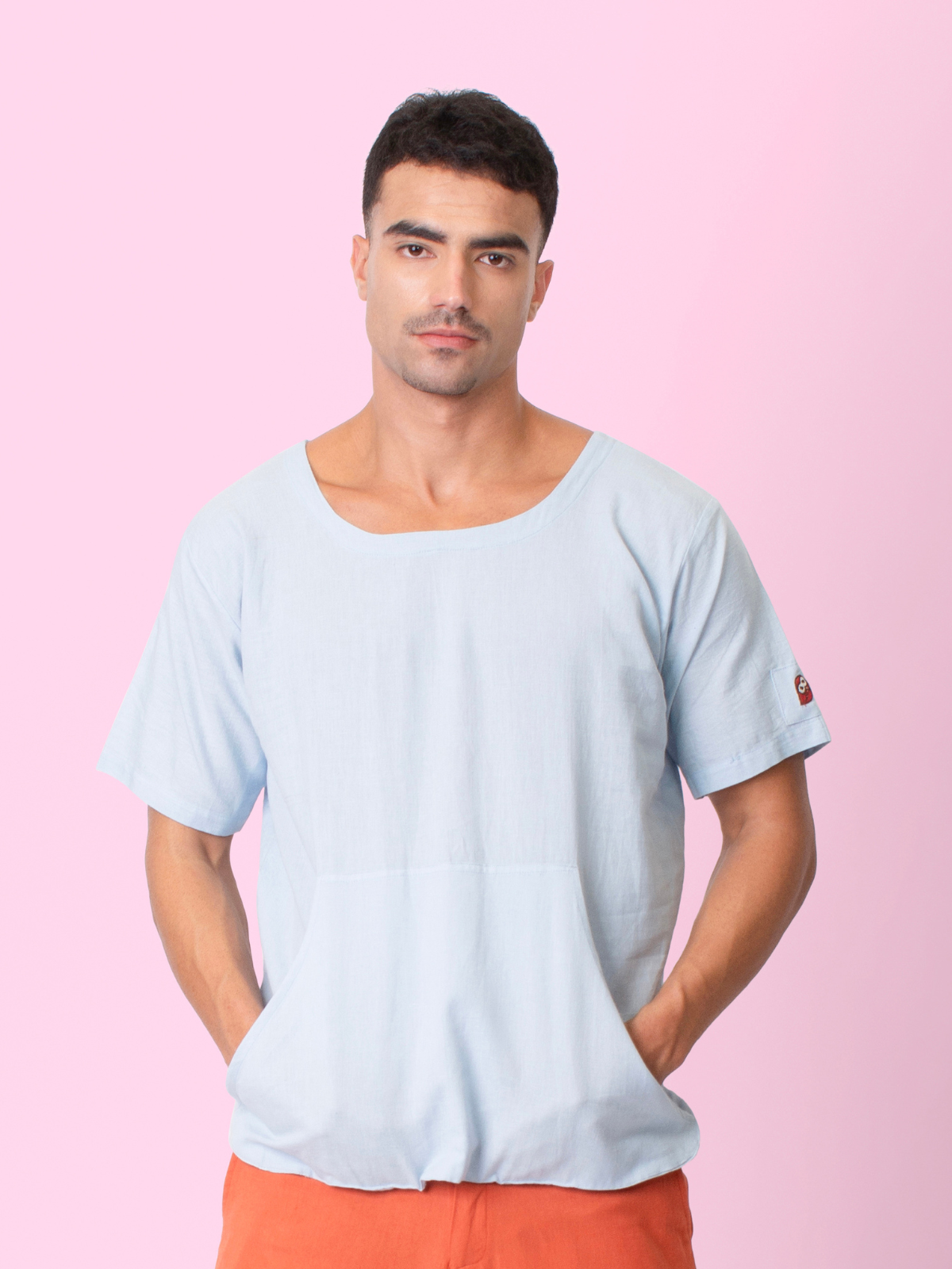Skippy - Cotton Linen Round Neck T Shirt with Kangaroo Pockets