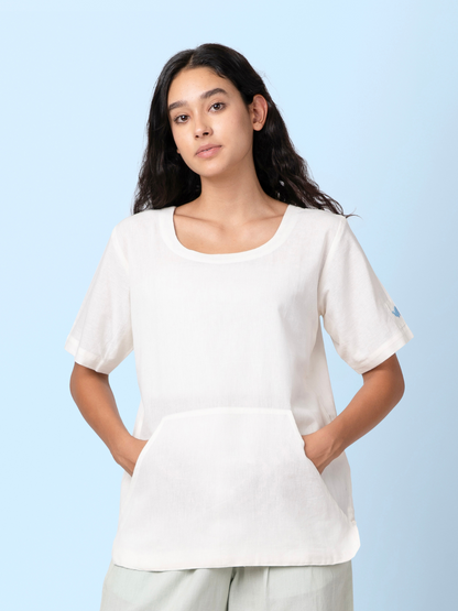 Skippy - Cotton Linen Round Neck T Shirt with Kangaroo Pockets