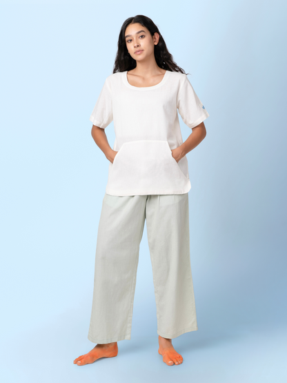 Skippy - Cotton Linen Round Neck T Shirt with Kangaroo Pockets