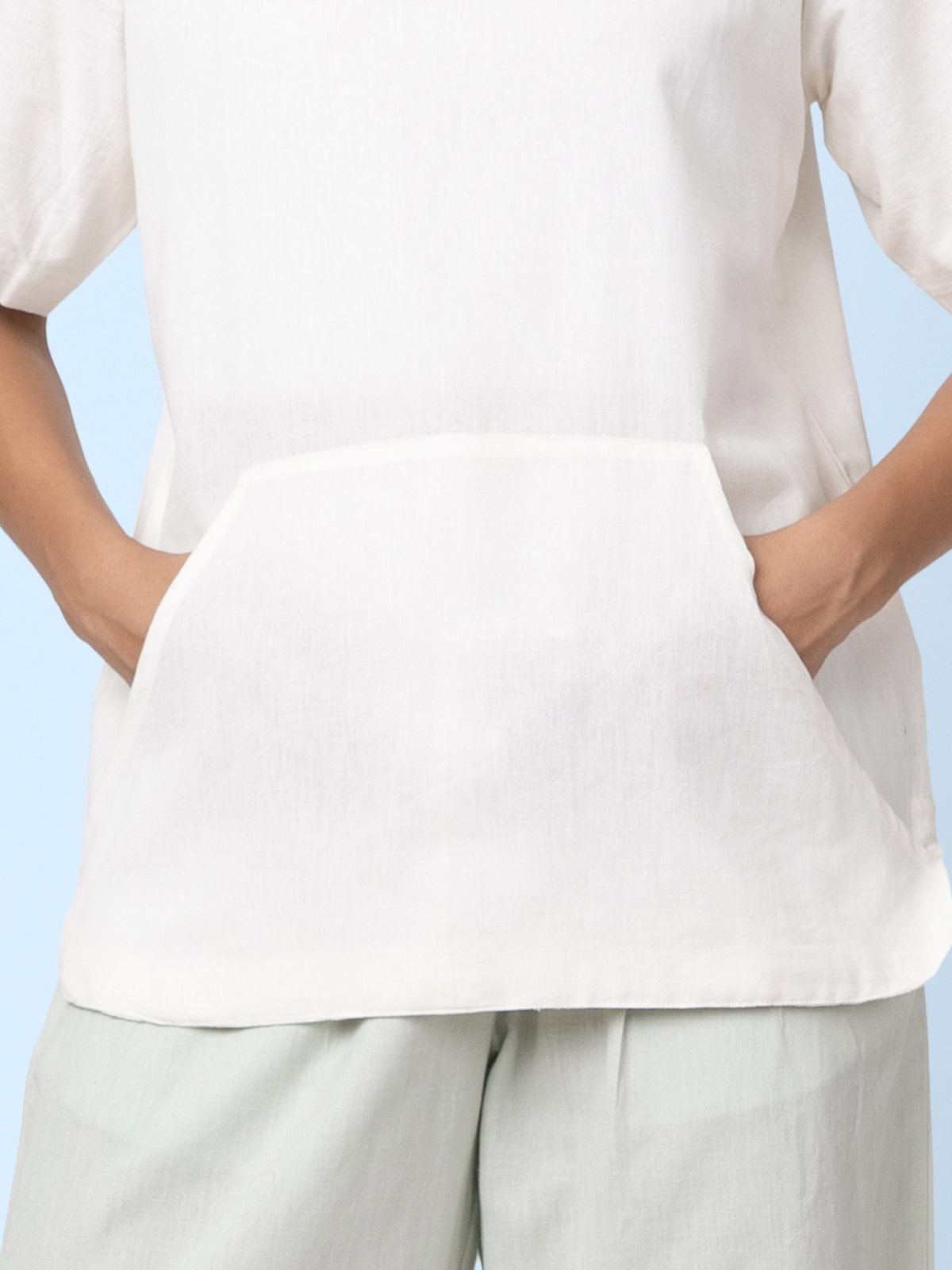 Skippy - Cotton Linen Round Neck T Shirt with Kangaroo Pockets