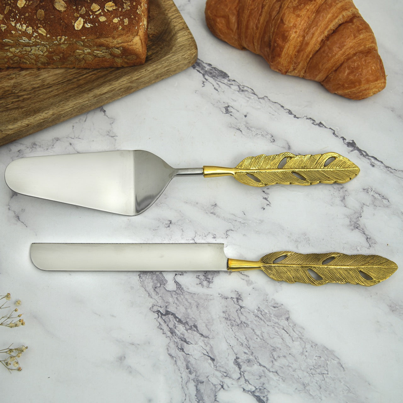 Brass Cake And Knife Server Set | Punkh - Feather Handle