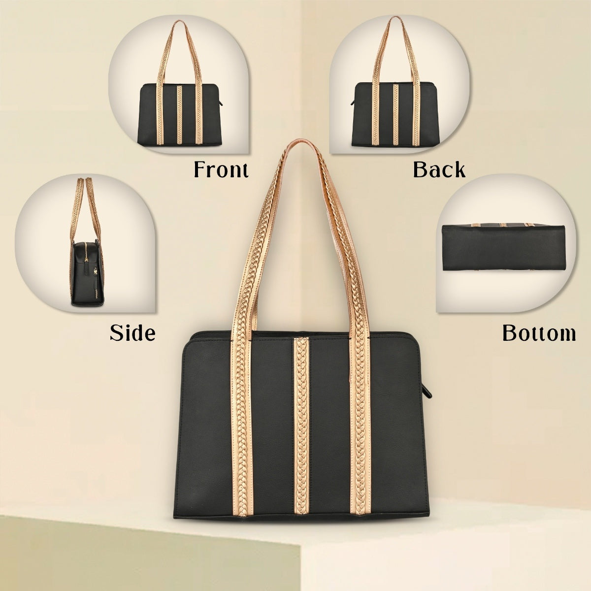 Gaia Vegan Leather Shoulder Bag (Black & Gold)