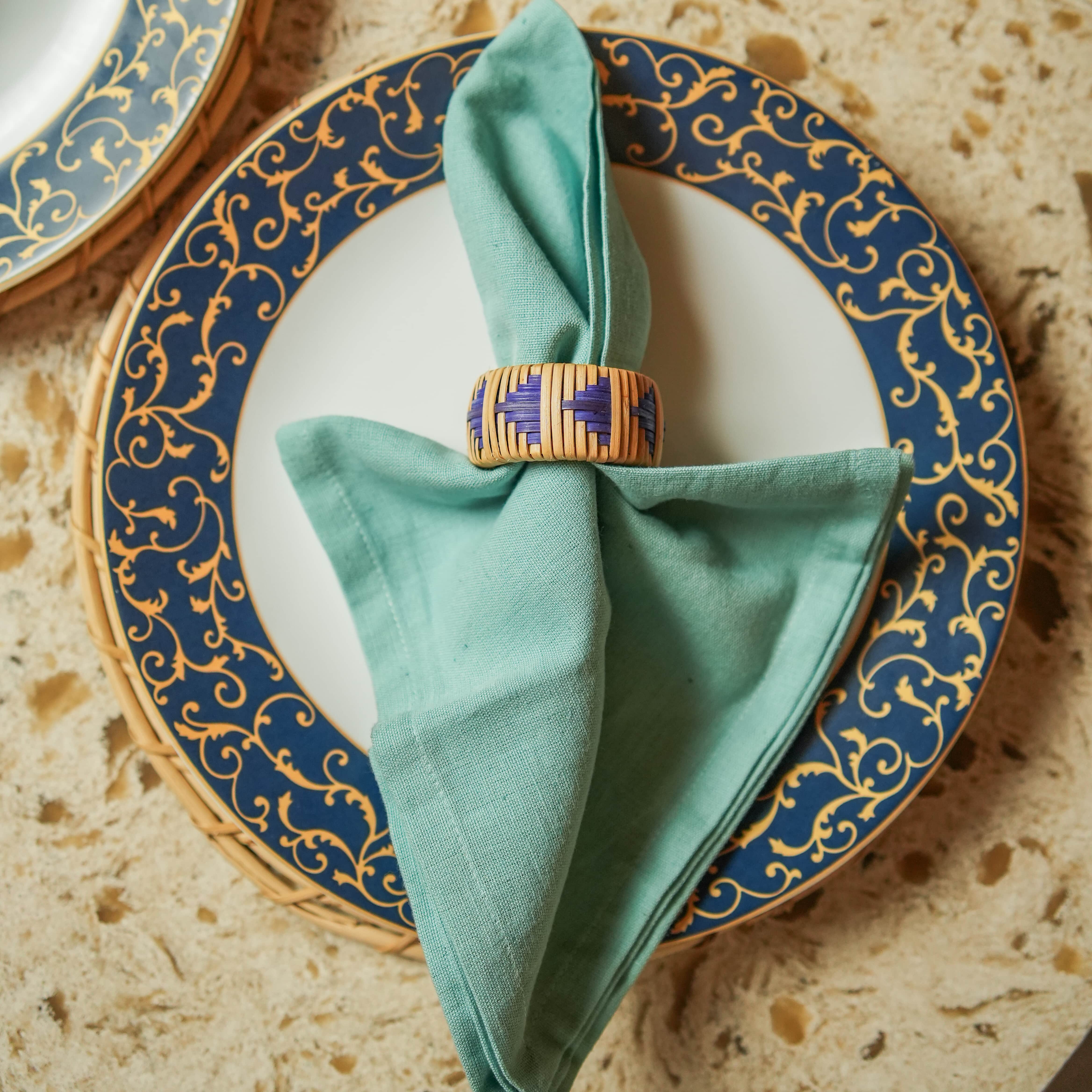 Rattan Indigo Napkin Rings- Set of 2 | Natural Fiber Table Accessories