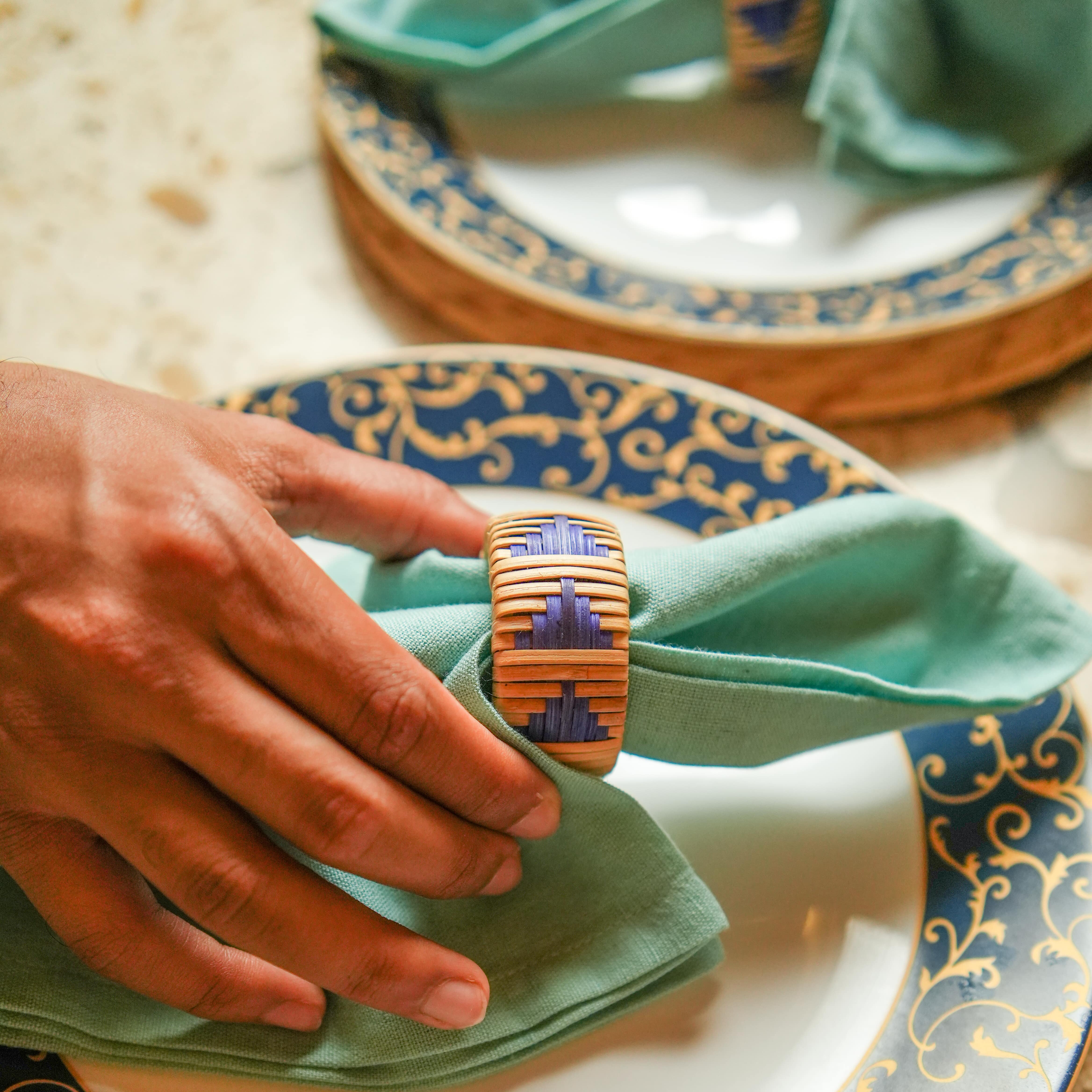 Rattan Indigo Napkin Rings- Set of 2 | Natural Fiber Table Accessories