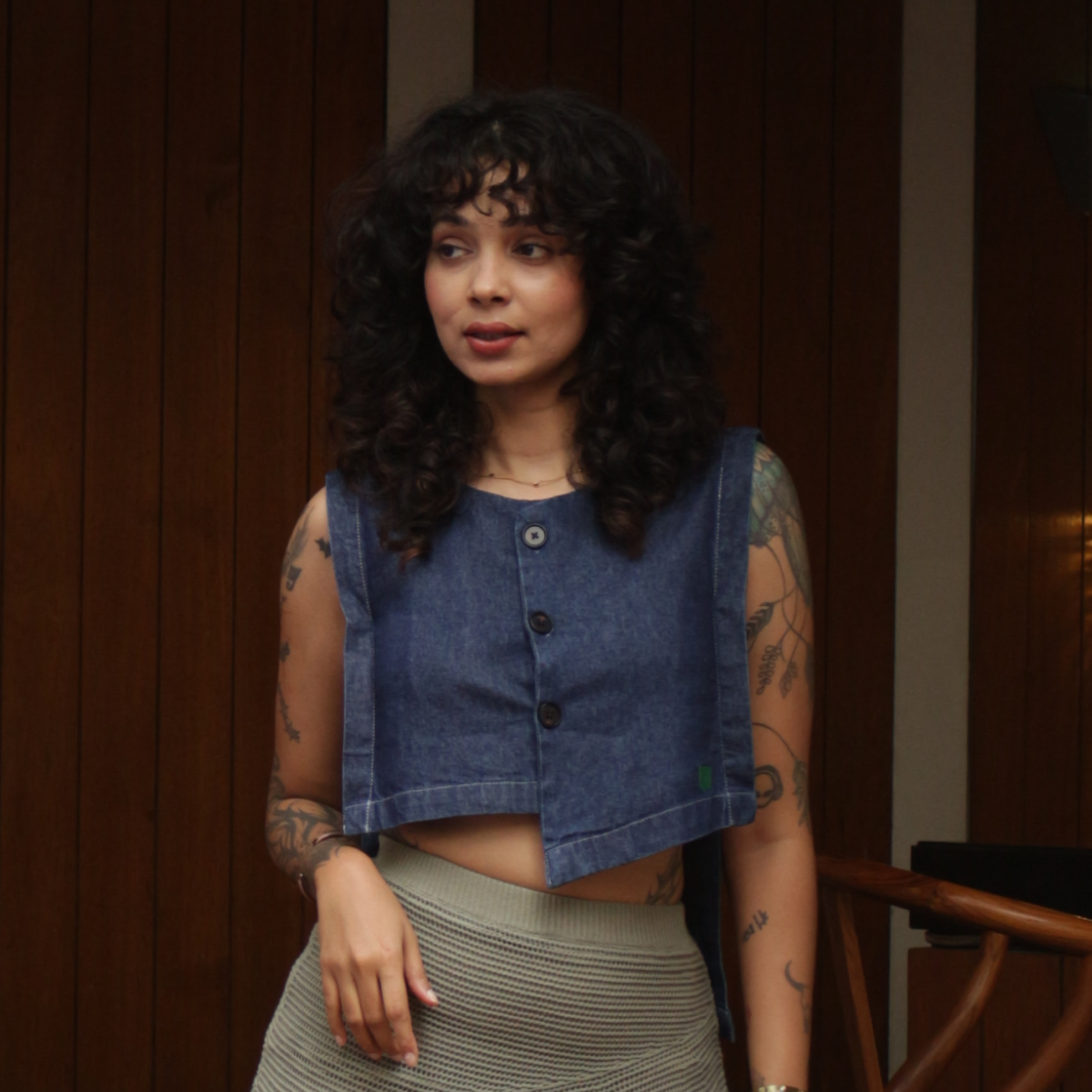 Dark Indigo Cotton Geometric Crop Top for Women