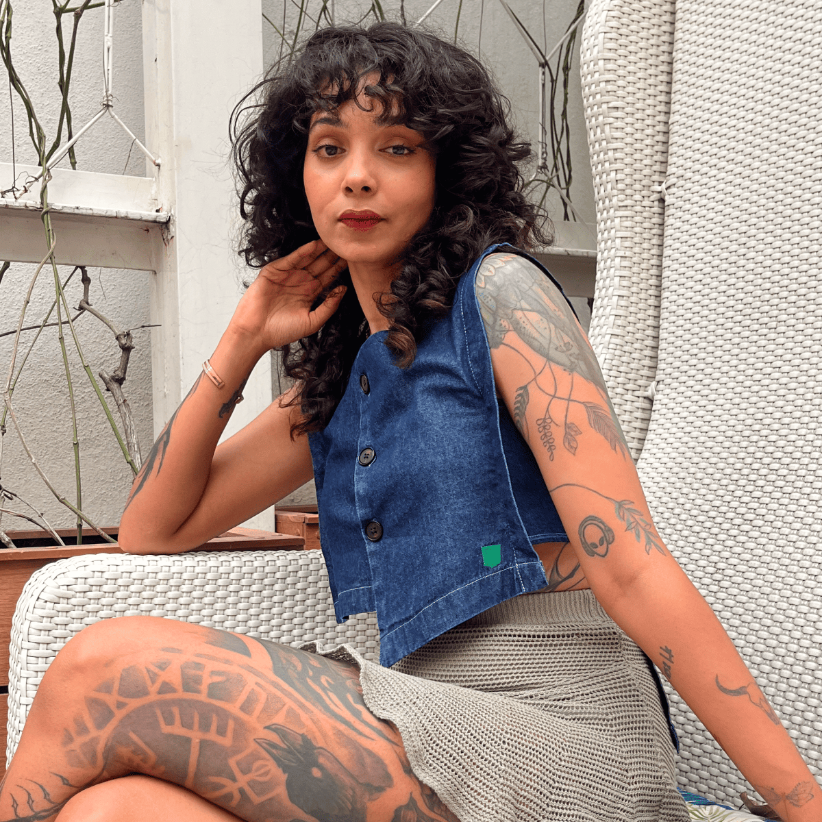 Dark Indigo Cotton Geometric Crop Top for Women