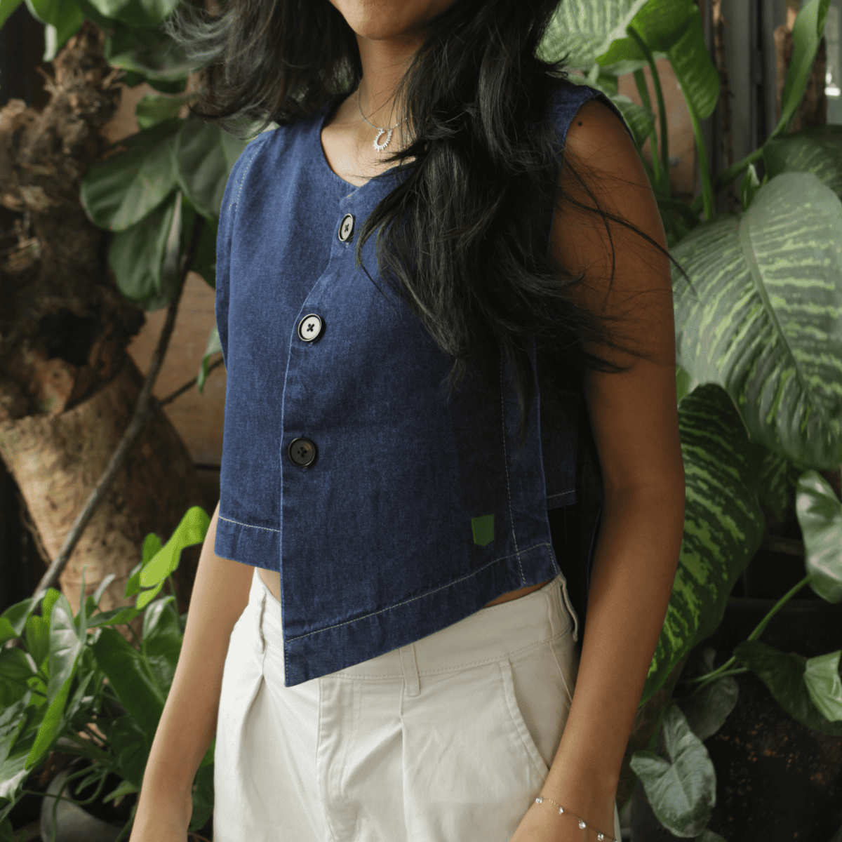 Dark Indigo Cotton Geometric Crop Top for Women