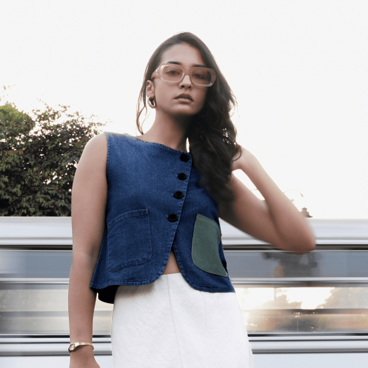Dark Indigo Cotton Short Top with Waist Coat
