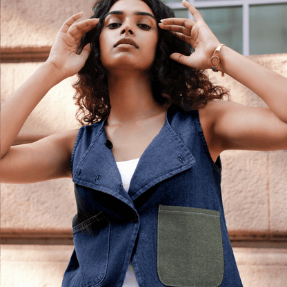 Dark Indigo Cotton Short Top with Waist Coat
