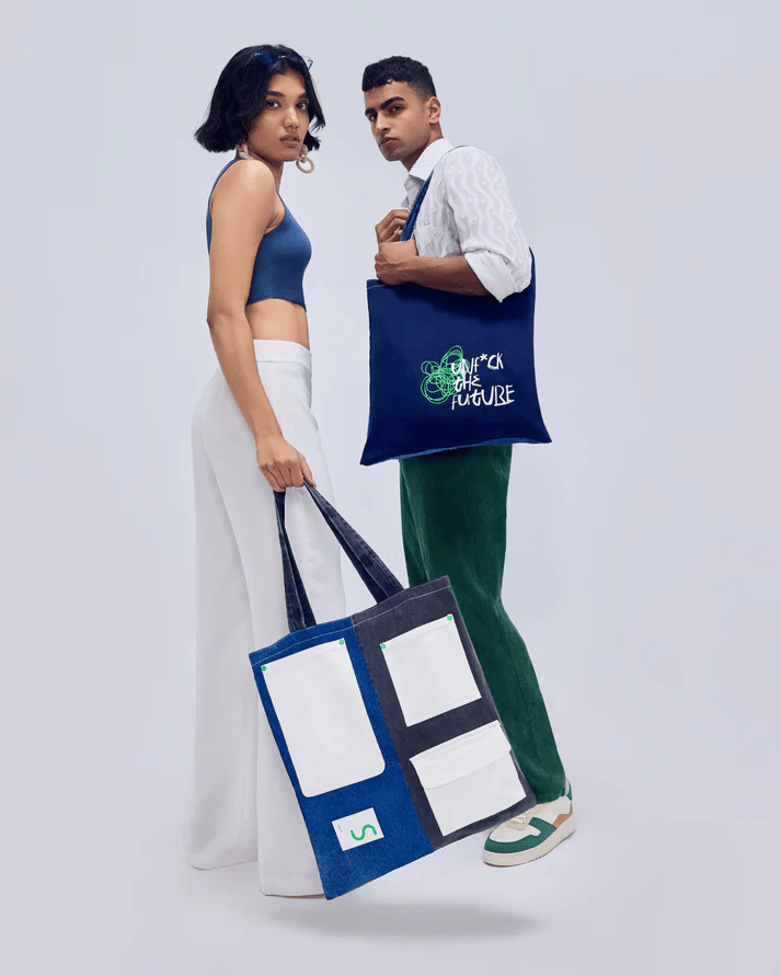 Reversible Multi-Pocket Cotton Denim Tote Bag