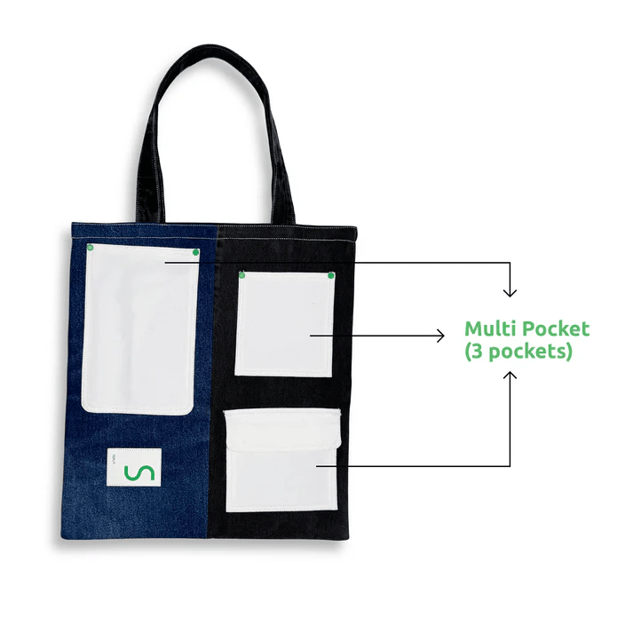 Reversible Multi-Pocket Cotton Denim Tote Bag