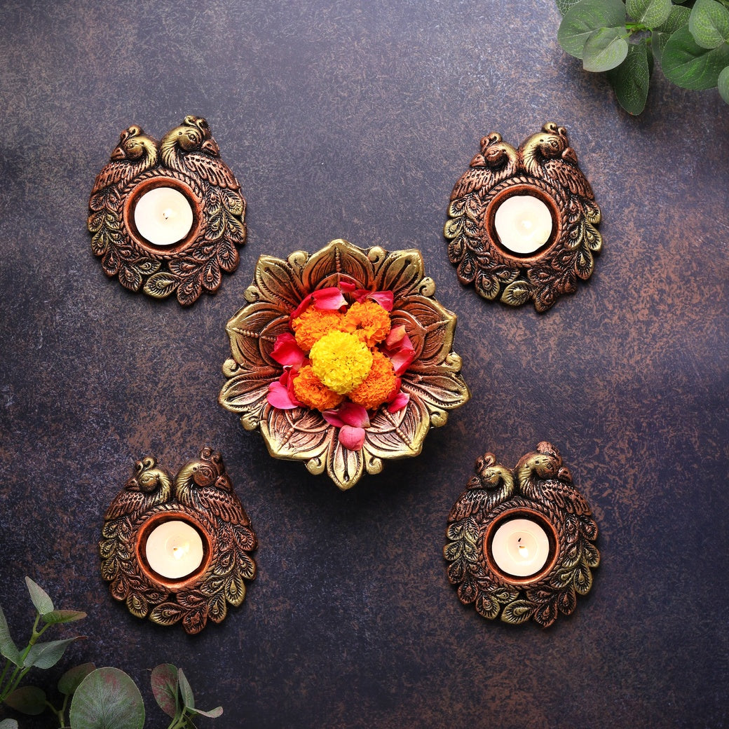 Couple Peacock T Light Set – Festive Decor