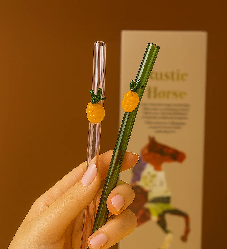 Pineapple   Collection Glass Straw Stirrers -Set of 2