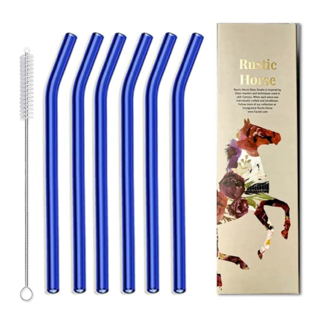 Brilliant Blue Glass Straws  Reusable (Set of 6 )